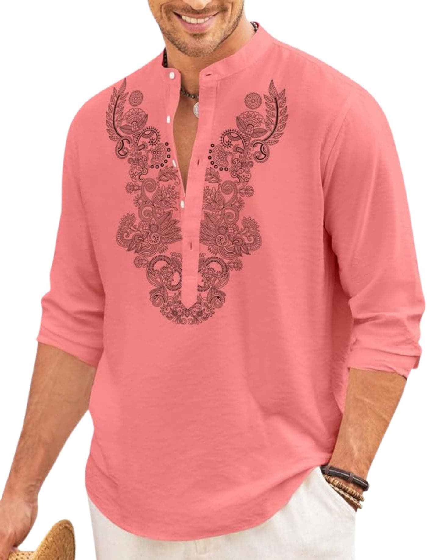 FINIVO FASHION Men’s Cotton Blend Short Kurta with Full Sleeves and Ethnic Neck Design | Casual Crinkle Texture Kurta with Mandarin Collar Peach
