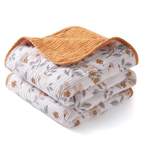 TILLYOU Muslin Baby Blankets for Girls Boys Soft Cotton Baby Blankets 40x40 Inches Breathable Swaddle Blanket for Baby Kids Toddler Yellow Flower