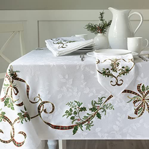 Benson Mills Heavyweight Engineered Printed Jacquard Fabric Christmas Table Cloth, for Holiday, Winter, and Christmas Tablecloth (Merry Ribbons. 60" x 84" Rectangular)
