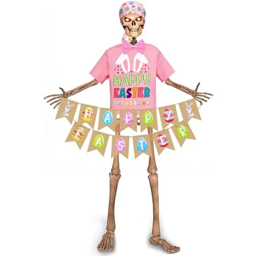 Yudlto 5 Pcs Easter Skeleton Outfit Set, 12ft Skeleton Accessories with Pink Headscarf, Pink Tie, Pink Top & Easter Banner for Garden Lawn Outdoor Decor, Giant Skull Clothing for Holiday Party
