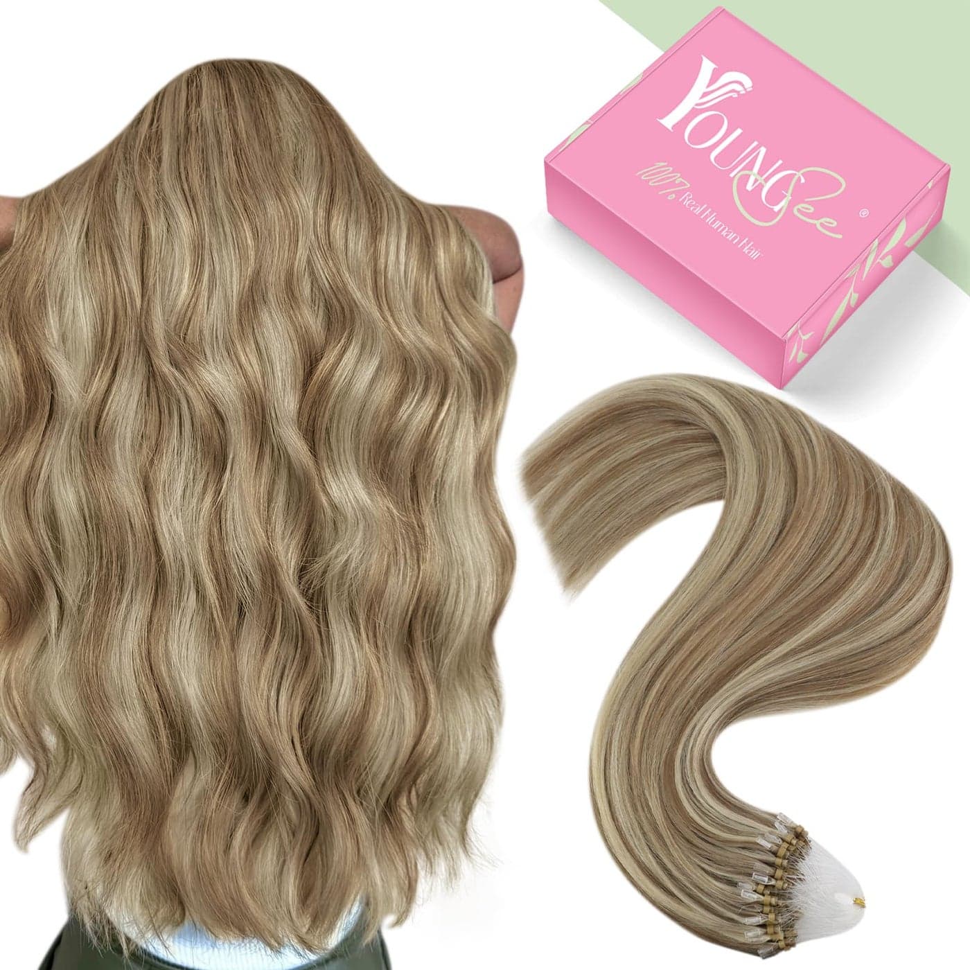 YoungSee Micro Beads Hair Extensions Brown Highlight Micro Loop Hair Extensions Light Brown and Blonde Highlight Micro Link Hair Extensions for Long Hair 24In 50s 50g Beaded Extensions Human Hair