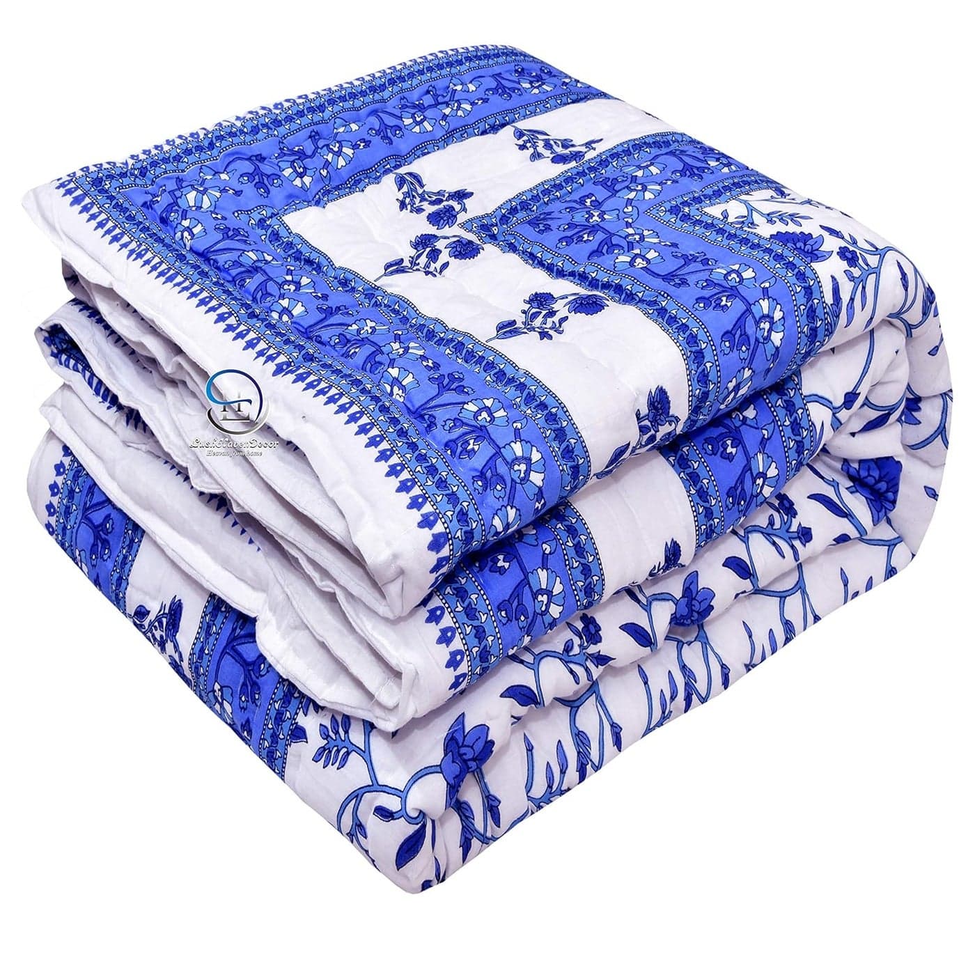 HASHIREX Single Bed Jaipuri Cotton Rajzai Blanket Ac Quilt Soft Light Weight Rajasthani Traditional Cotton Comforter 85 x 55 inch White Blue Pack of 1