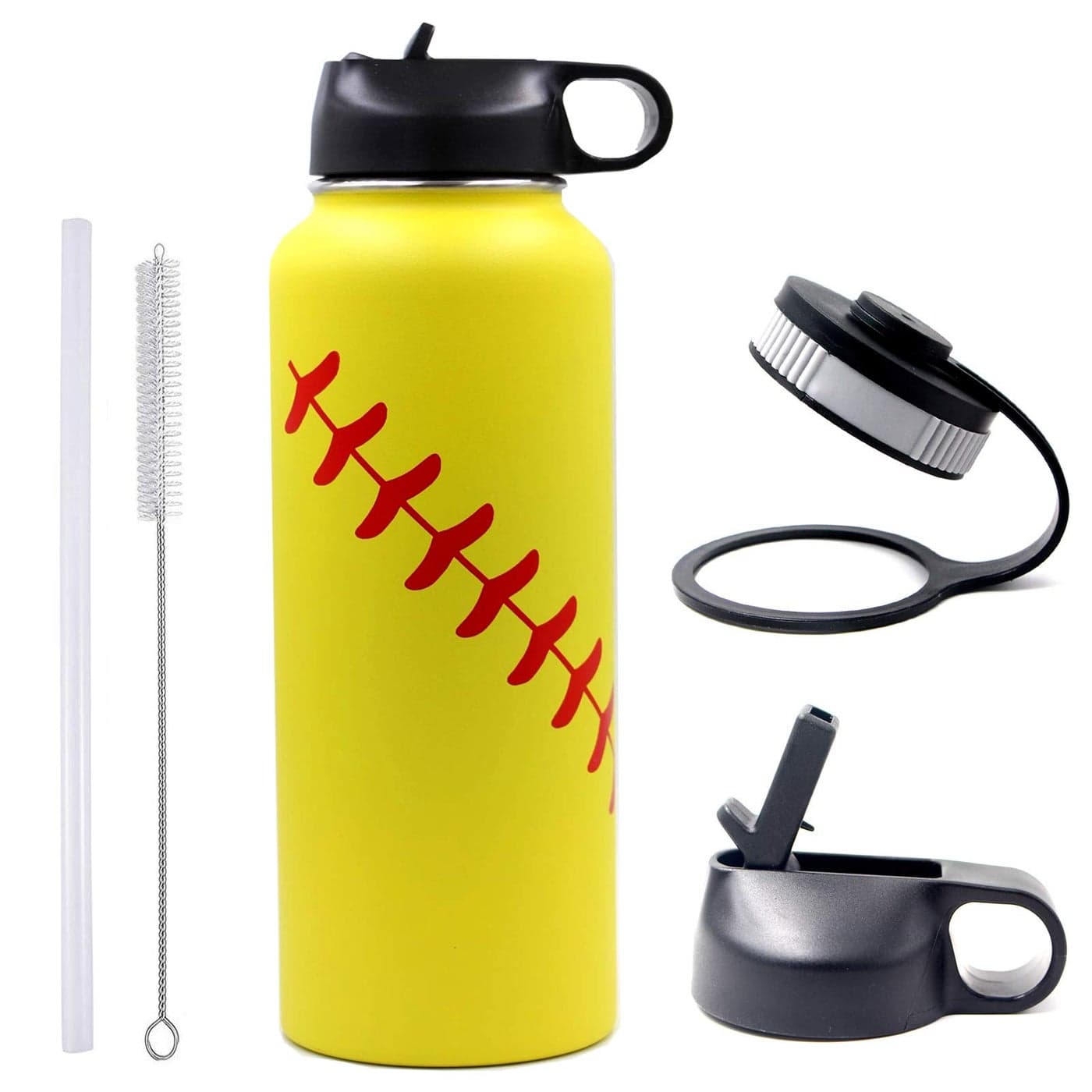Softball Water Bottle Sports Flask Metal Travel Tumbler with 2 Lids Straw Lid and Flex Cap Stainless Steel Double Wall Vacuum Leakproof Insulated Water Bottles 40oz Yellow Softball