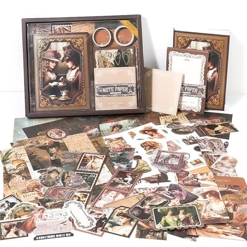 The AutoStory Beverage Scrapbooking Kit A6 Junk Journal Vintage Drink Stickers Decorative Diary Pages Washi Tape DIY Craft Art Stationery Box Writing Gift Women Teens (Leisure Tea Time, Brown)