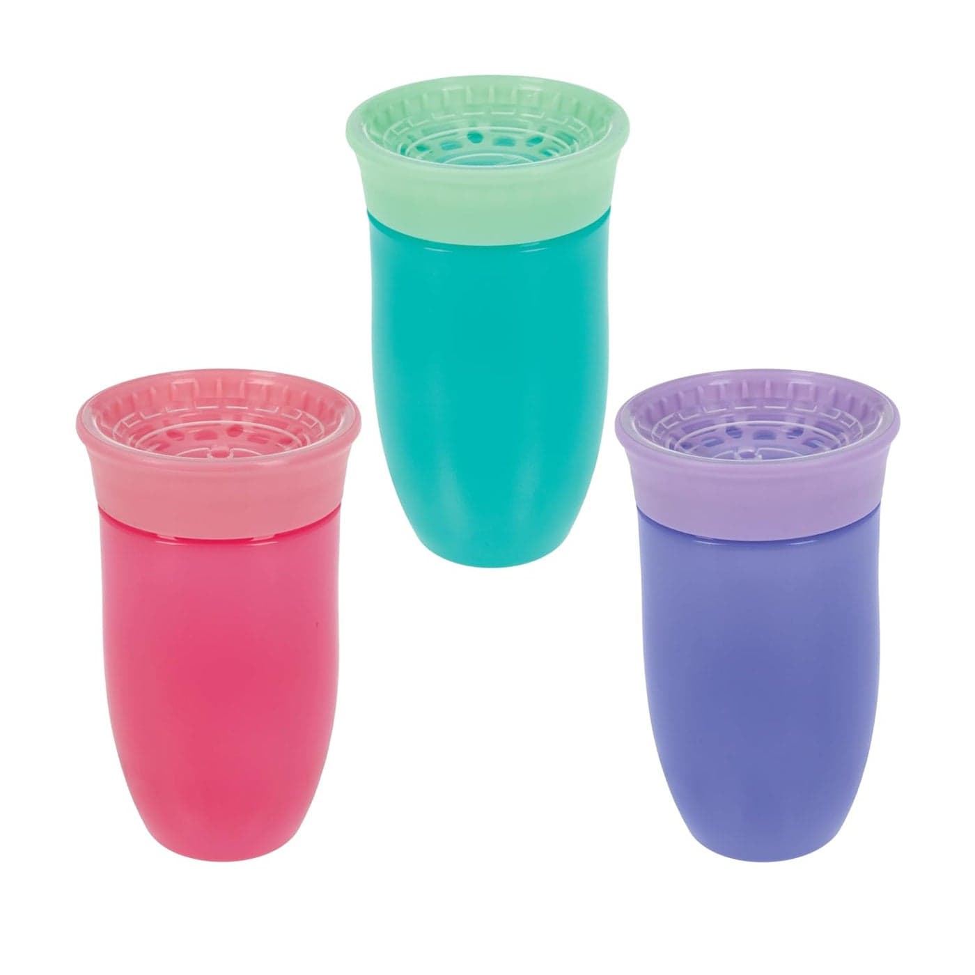 Nuby Wonder Cup SpillProof Toddler Sippy Cups 3 Pack 10 oz Sip from All Sides Leak Resistant Spoutless Transition Cup AquaPurplePink