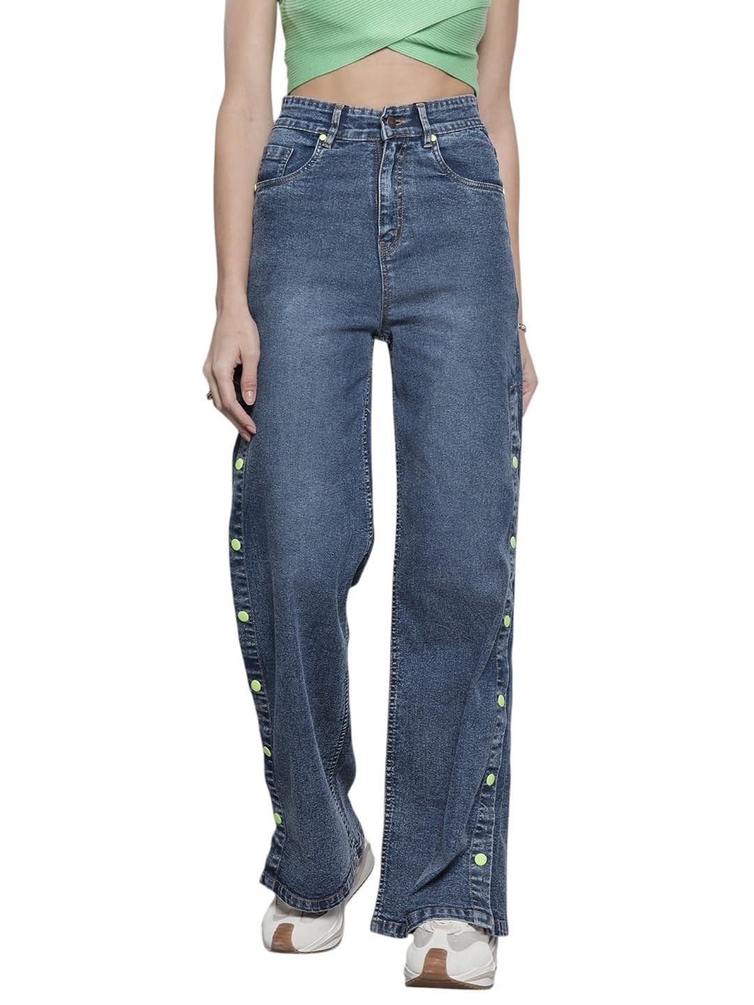 Sassafras Women's Blue Side Button Placket Stretch Straight Jeans -L