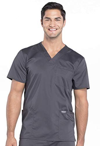 Cherokee Scrub top for Men V-Neck with 3 Pockets, Knit Details, Soft, Durable, Breathable, 2-Way Stretch Fabric - WW670, XL, Pewter