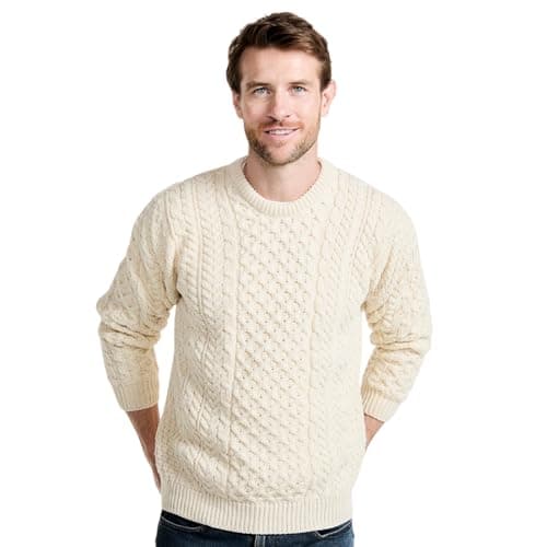 Aran Woollen Mills Inisheer Men’s Irish Cable Crew Neck Knit Sweater – 100% Merino Wool Natural