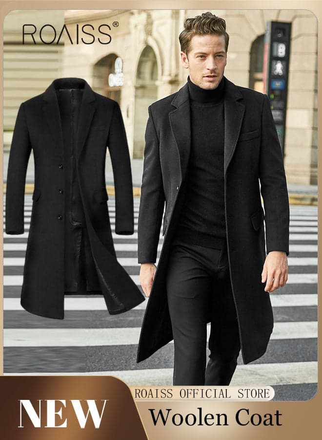 Men's French Coats Single Breasted Trench Coat Slim Fit Notched Collar Thermal Warm Winter Oversized Business Formal Casual Windbreaker Jacket Office Outwear Black