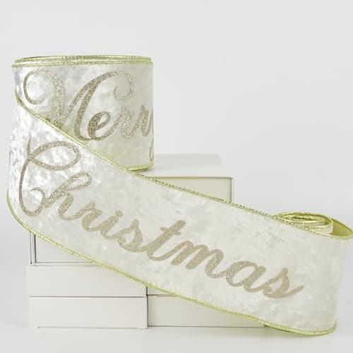 HUIHUANG Merry Christmas Ribbon 4 inch White Velvet Wired Ribbon with Glitter Gold Merry Christmas Ribbon for Christmas Trees Tree Top Bows Garlands Staircases Wreaths10 Yards