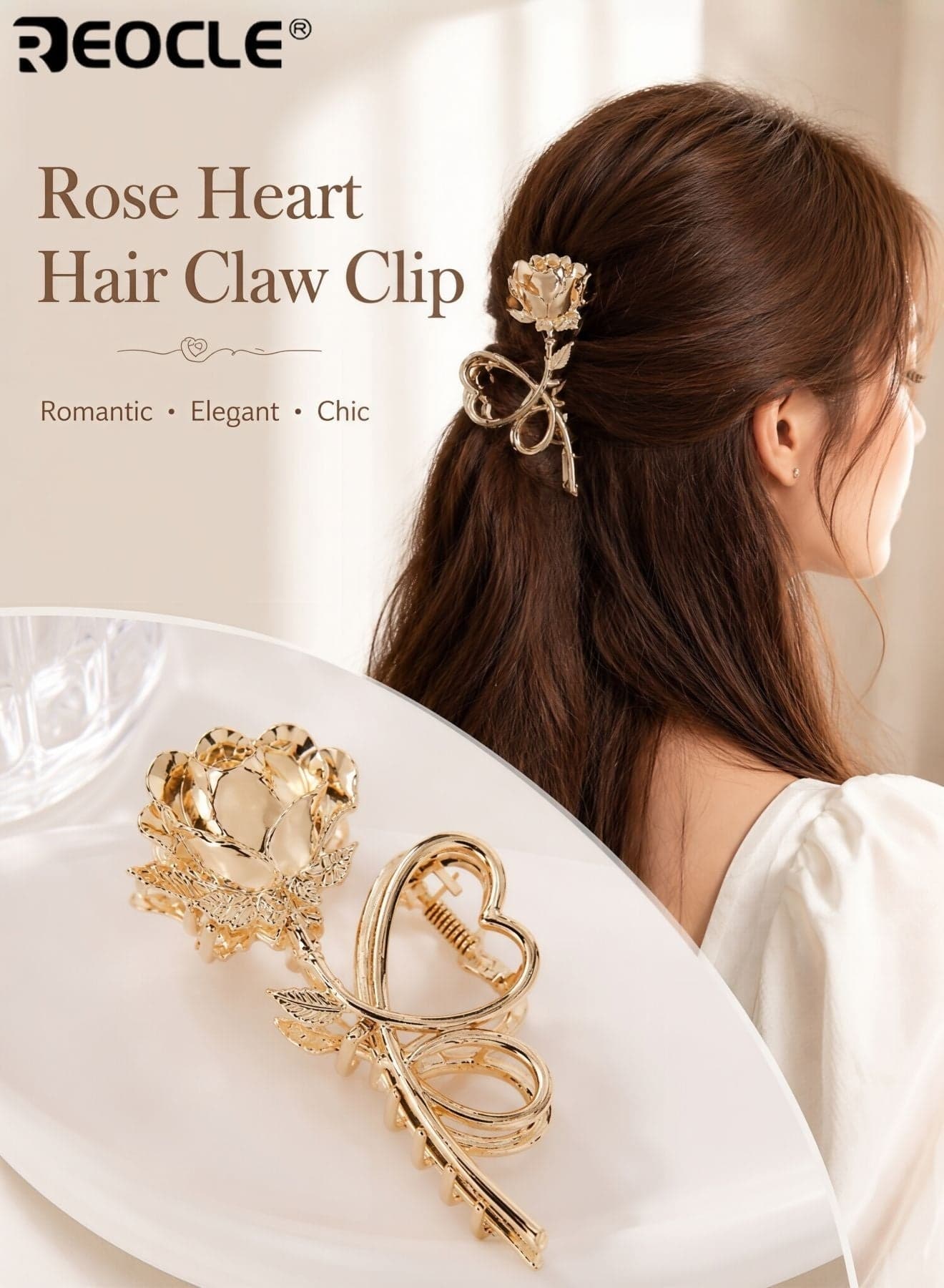 Women's Elegant Hairpin Heart & Rose Motif Hair Claw Clip Decorative Hair Accessory Sturdy Styling Clip for Daily Use