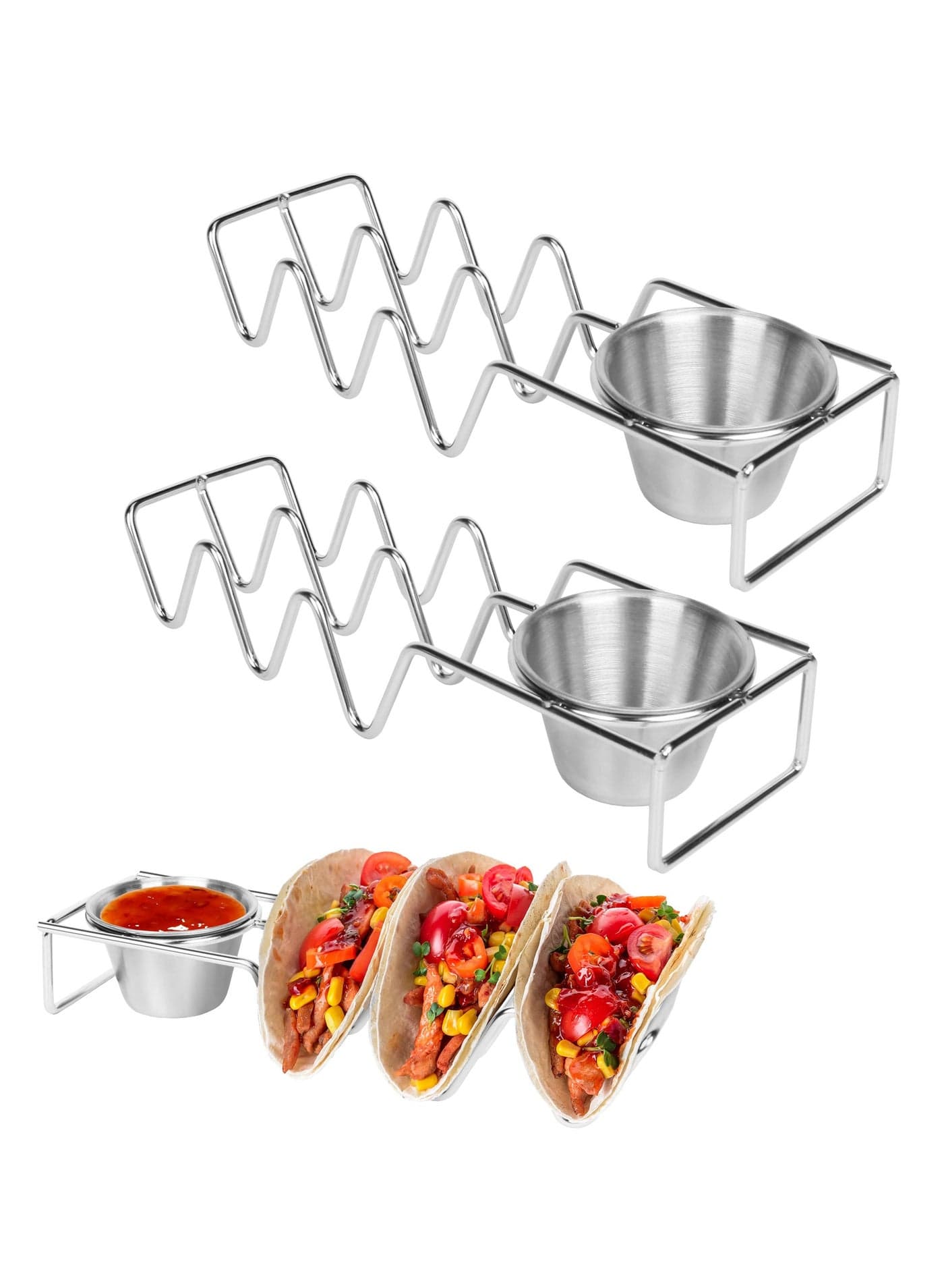Taco Holders with Salad Cups Set of 2, Stainless Steel Taco Shell Stands, Holds 3 Tacos Each, Oven, Dishwasher, and Grill Safe, Taco Tray Plates for Taco Bar Accessories