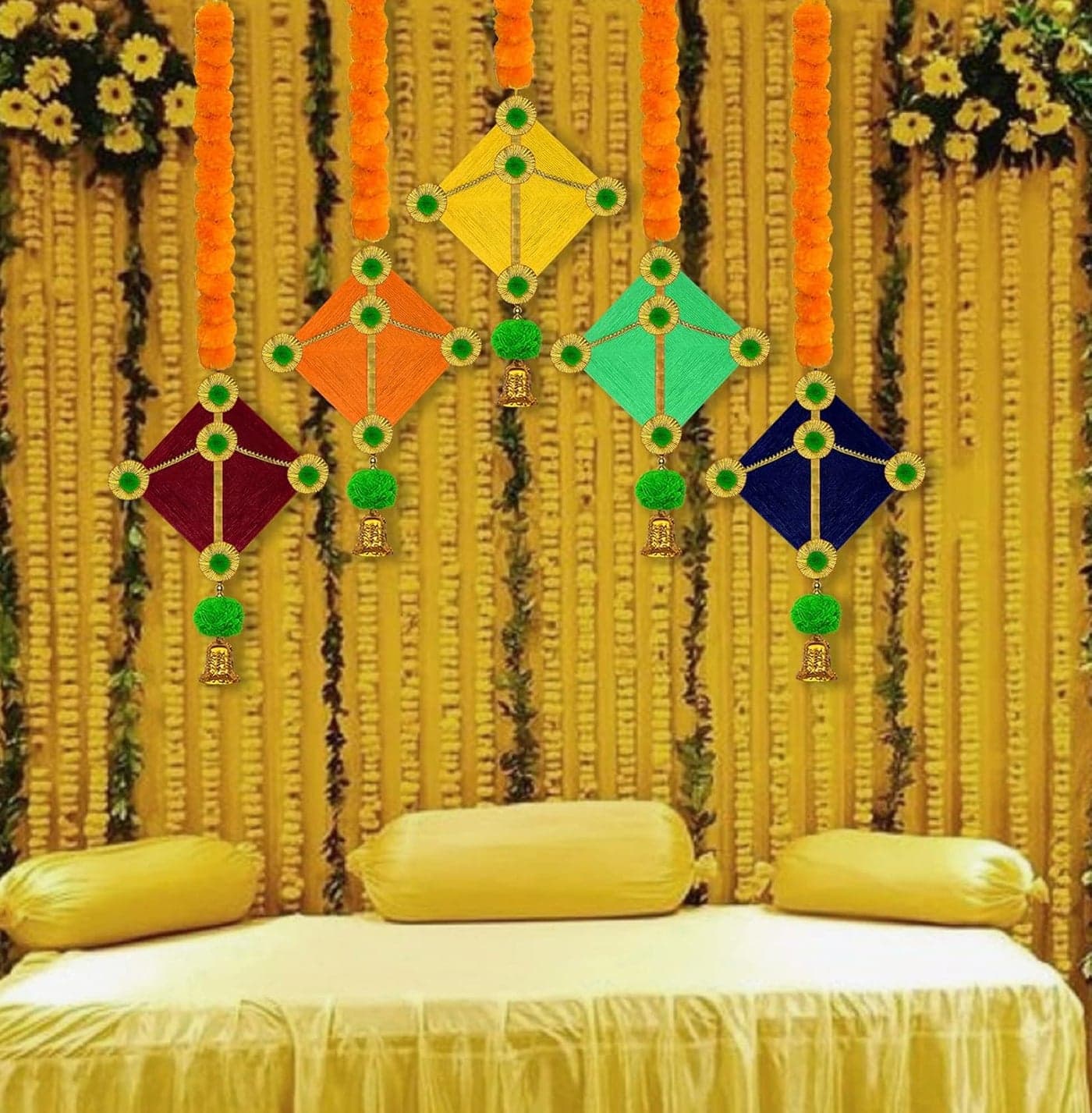 iHandikart Marigold Garland Artificial with Kite in The Bottom Used for Festival DecorationOffice Home Diwali Decoration Size 45x25 Inches Colour Orange Pack of 5 315025K