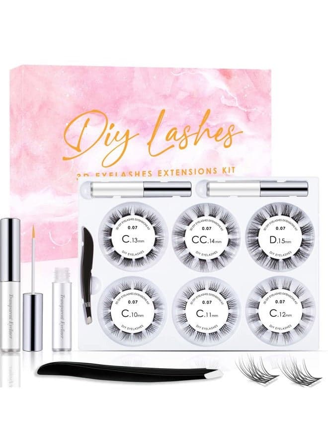 DIY Lash Extension Kit, 72 Clusters Volume Lashes Set Soft and Lightweight, C Curl 0.07mm 10-15mm Mixed DIY Eyelash Extension, at Home Lash Extensions Kit with Cluster Lashes Glue and Tweezers