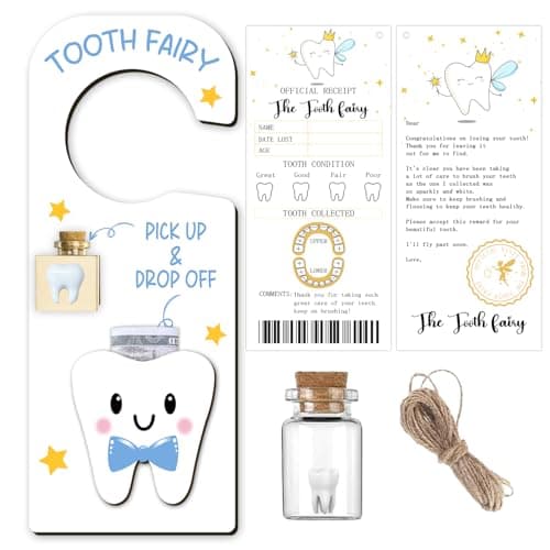 wuguimeii Cute Carved Wooden Box with 3D Tooth 3Pcs Tooth Fairy Door Hanger With Recipe Cards and Keepsake Bottle Gifts 3D Holder Box Keepsake Gifts for Lost Teeth Boy Girl Milk TeethBlue