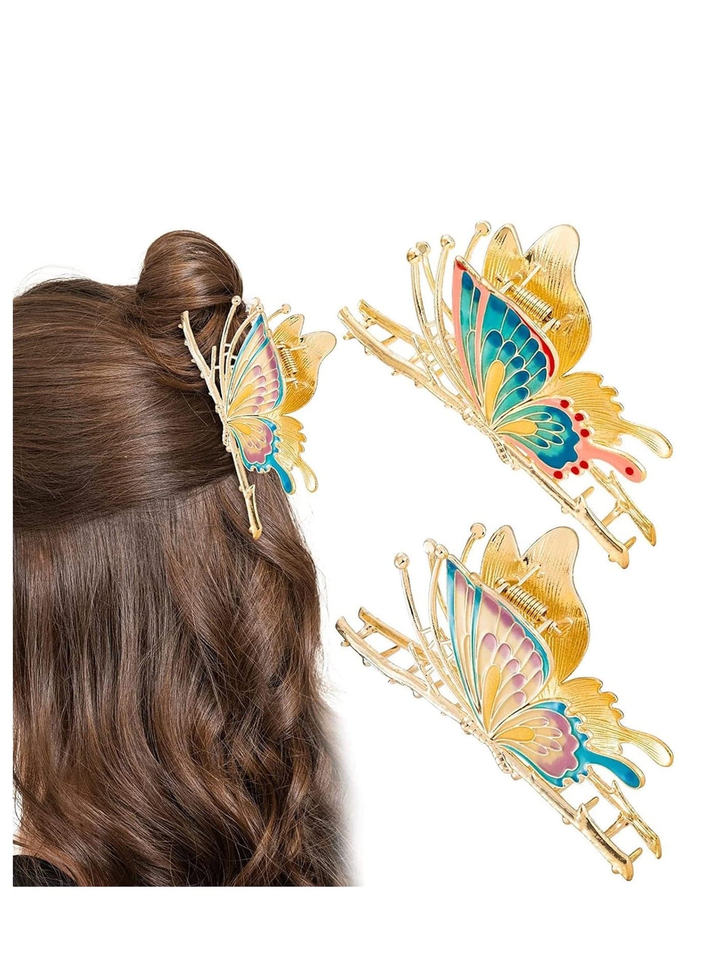 2 Pcs Large Butterfly Hair Claw Clips for Women, Metal Non-Slip Strong Hold Hair Clips, Sparkly Hair Claws for Thick Hair, Elegant Hair Accessories for Girls, Gold
