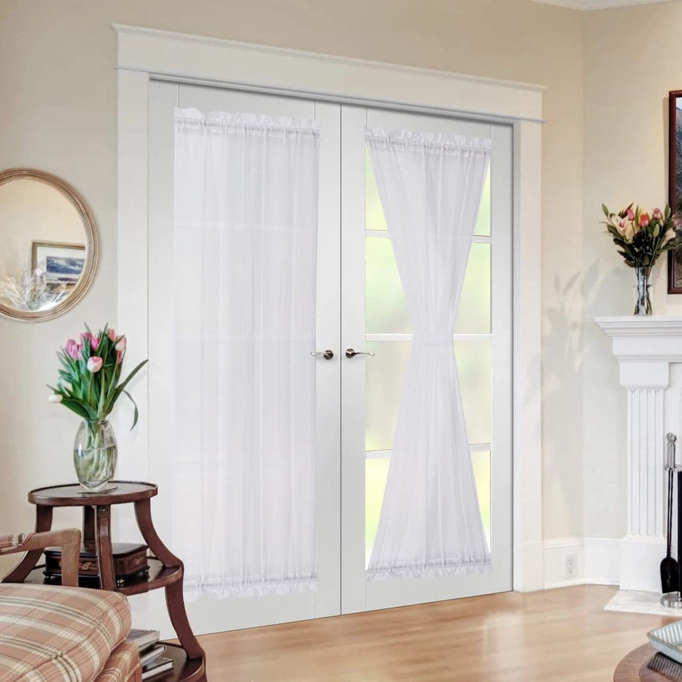 MIULEE French Door Sheer Curtains for Front Back Patio Glass Door Light Filtering Window Treatment with 2 Tiebacks 54 Wide and 63 Inches Length White Set of 2