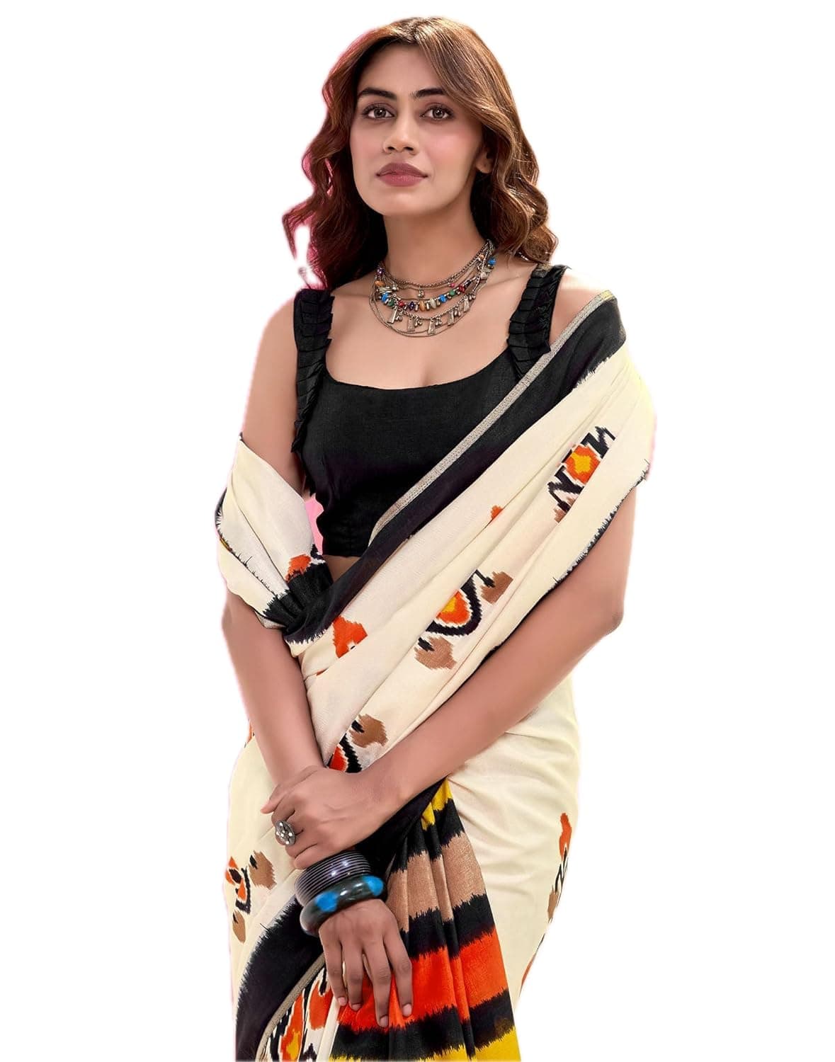 Yashika Women's Art Silk Abstract Ikat Pattern Printed Saree | Cream Color Saree | Women Sari | Saree_(AZ-YS-OG3-PRATIKA CREAM)