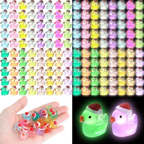 ROMROC 160Pcs Luminous Mini Christmas Resin Duck Miniature Glow in The Dark Ducks Christmas Decor Aquarium Ornament Dollhouse Decoration DIY Slime Kit Birthday Party Hide and Seek Prank16 Colors