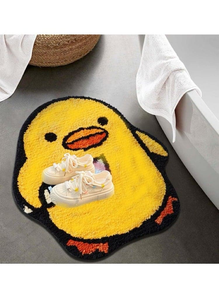 Cute Duck Bath Mat for Bathroom Non Slip Machine Washable, 24’’W x 26’’L Yellow Funny Animal Funky Bathroom Rugs Microfiber Shaggy Floor Mat, Aesthetic Fun Cool Throw Rug Chick with Knife Meme Rug
