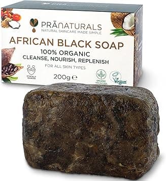 PraNaturals 100 Organic Raw African Black Soap 200g Ethically Sourced and Handcrafted in Ghana For All Skin Types Detoxifying and AntiAgeing All Pure Natural Vegan Unprocessed