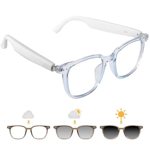Tulbeys Smart Glasses for Women Men, Bluetooth Glasses with Photochromic Lens Touch Control Voice Assistant for Clear Audio, Open-Ear Design, Ideal for Indoor and Outdoor - Blue Frame and White Legs