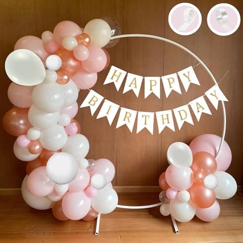 Flyloons Happy Birthday Decoration White and Pink Theme Combination for Girls Women Princes Kids | 30 Pcs Pink White Rose Gold Balloons | White Happy Birthday Paper Banner | Arch Tape | Glue Dots
