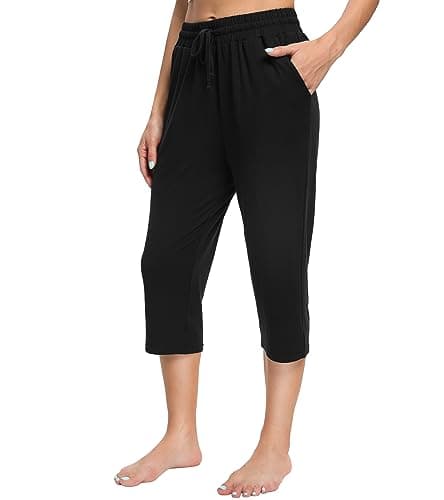 OLIKEME Women's Capri Yoga Pants High Waisted Wide Leg Drawstring Lounge Sweatpants Gym Short Pants with Pockets Black