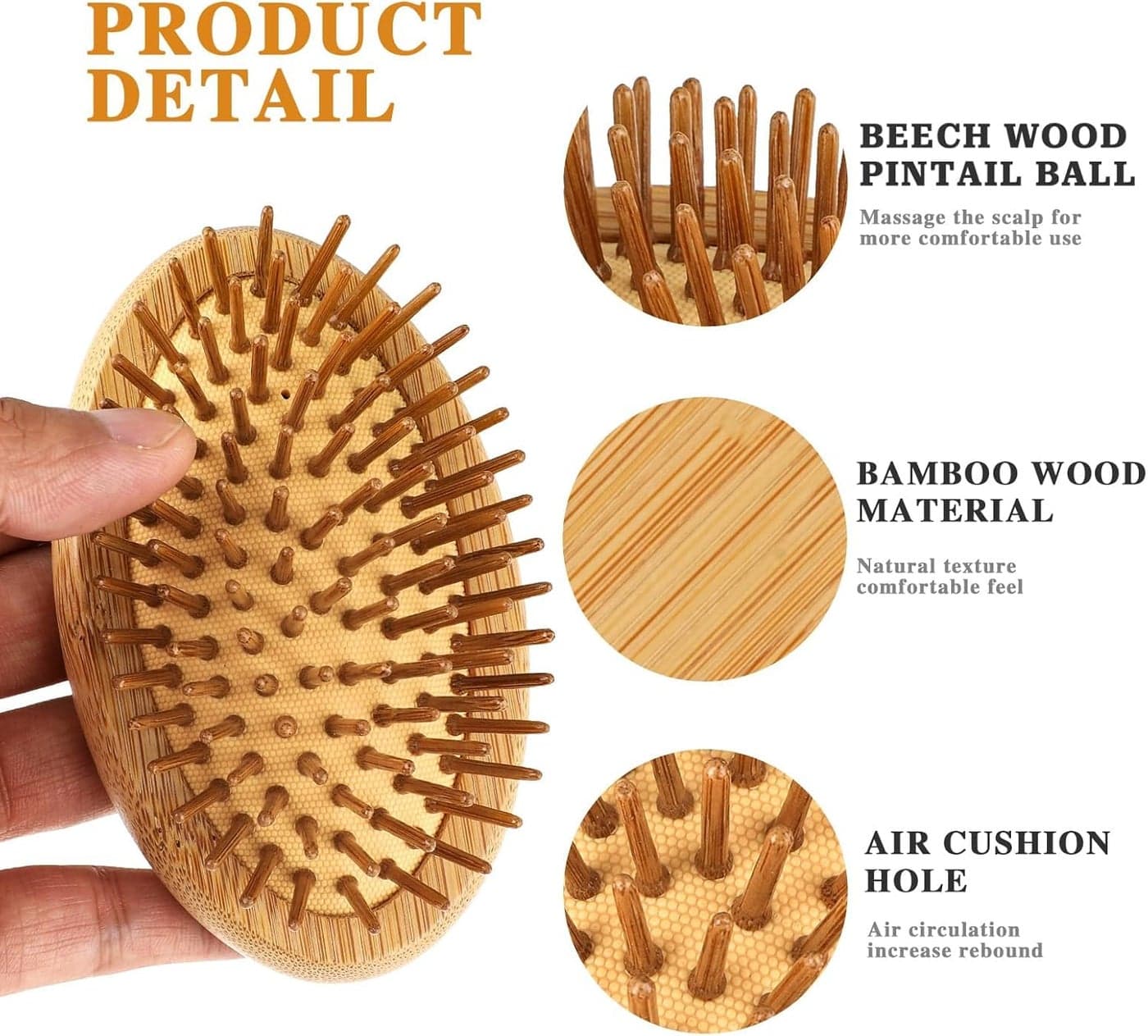 Bamboo Hair Brush For Hair Growth, Natural Bamboo Bristles Detangling Hairbrush Wood Scalp Massager Brush Portable Travel Scalp Massage Brush Wooden Air Cushion Hair Brush, Women Men All Hair Types