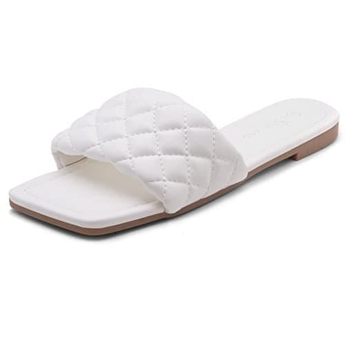 Shoe Land Women’s Flat Sandals – Quilted One-Band Fashion Slides with Square Open Toe & Comfort Footbed | Dressy Casual Slip-On Sandals for Summer, Travel & Daily Wear, White, Size 9.0, Anisha