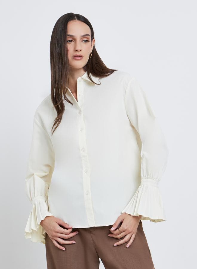 Styli Solid Pleated Detail Long Sleeve Shirt