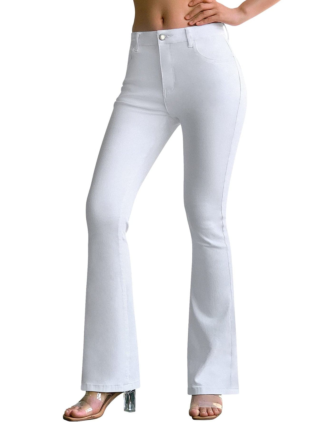 roswear Womens Mid Waist Bell Bottom Stretchy Flare Jeans Pants White Medium