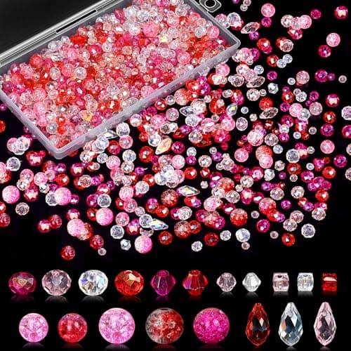 1000pcs Glass Beads for Jewelry Making Colorful Rainbow Craft Crystal Beads with Loose Beads Sparkly Beads for DIY Necklace Bracelet EarringRedPink