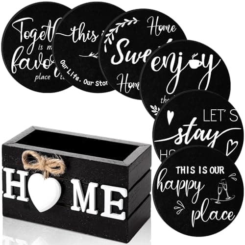 Queekay Coasters Set of 6 House Warming Gifts New Home Wooden Farmhouse Drink Coasters with Holder 4 Funny Decoration for Kitchen Family Coffee Bar Tabletop ProtectionBlack