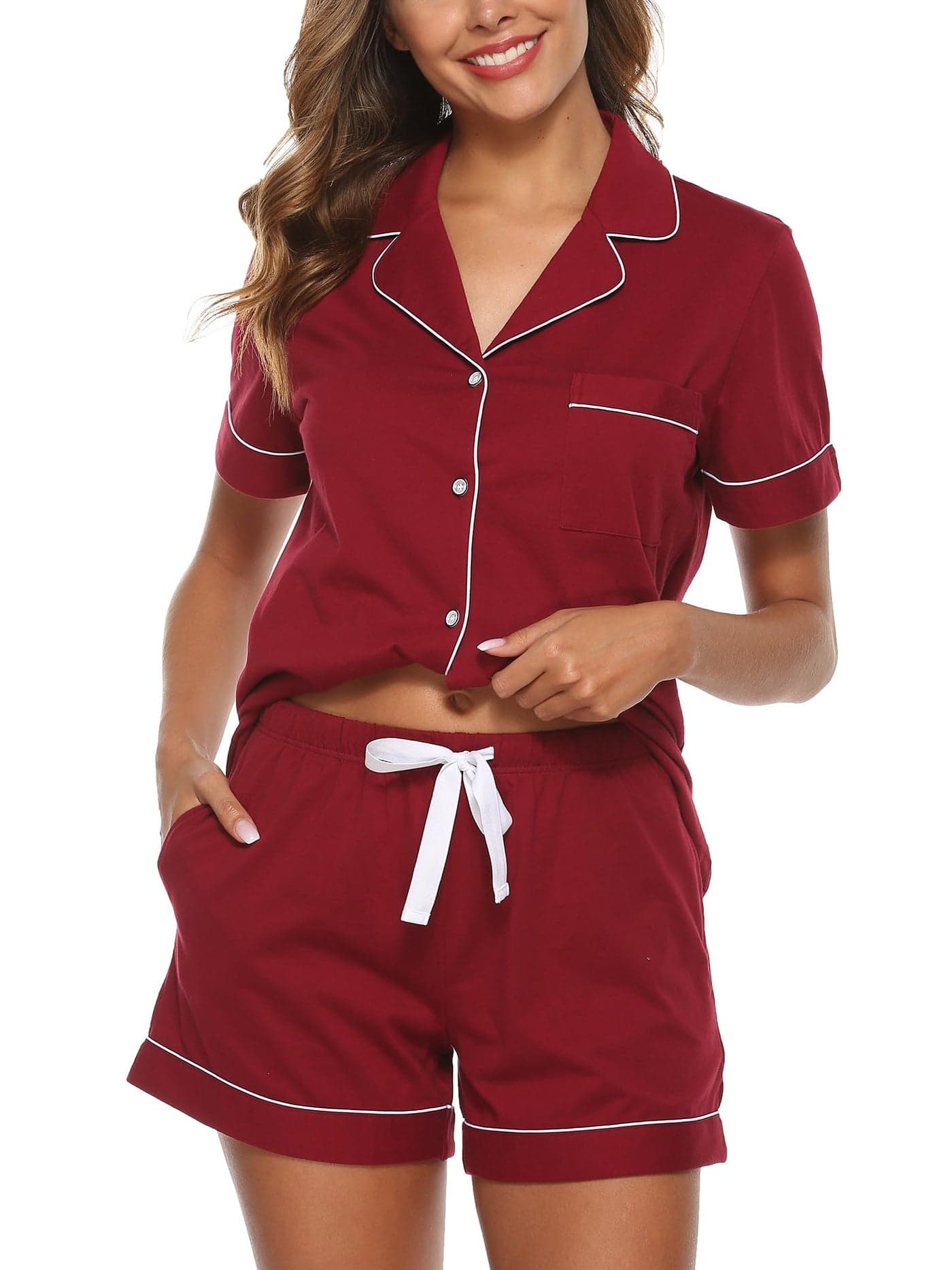 EA'S SECRET Pajamas for Women 100% Cotton Short Sleeve Pajamas Set Button Down Sleepwear Summer Soft Pjs Shorts Set S-XXL(Wine Red,M)