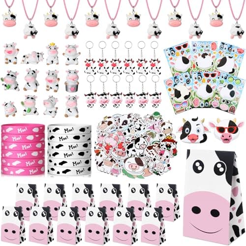 Fumete 122 Pcs Cow Party Favors Decorations Include Cow Print Silicone Bracelets Stickers Keychains Necklaces Gifts Bags Cartoon Sticker for Theme Party Favors