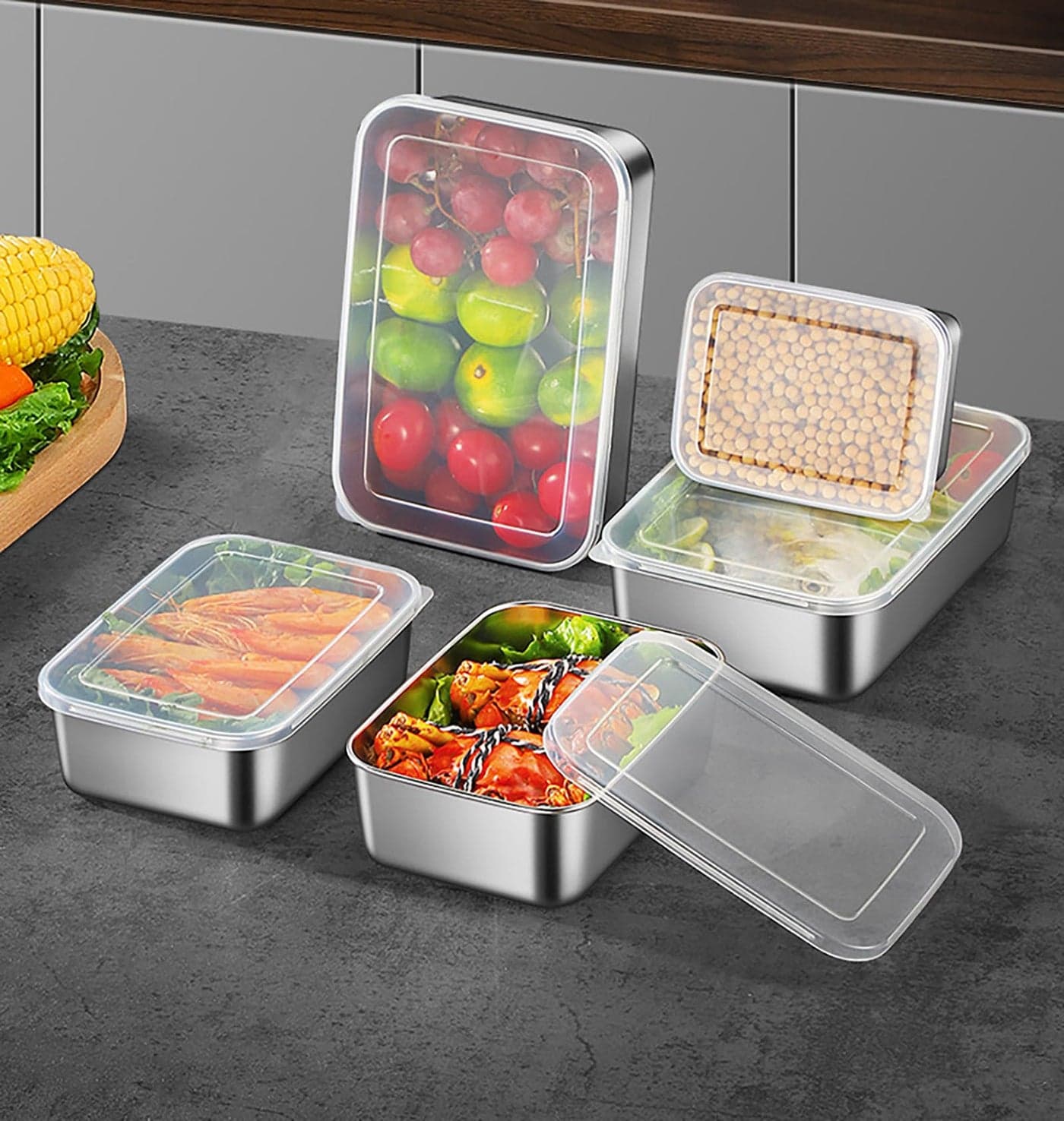 MosQuick Set of 3 Stainless Steel Boxes with Lid Fridge Containers Kitchen Storage Box Tiffin Box Perfect Airtight & Leak Proof Container, Silver