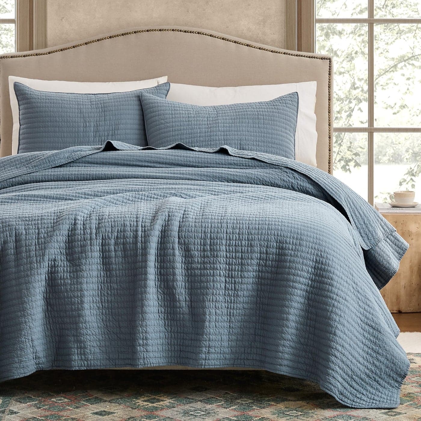 WDCOZY 100 Cotton King Size Quilt Set Blue Striped Pick Stitch Soft Lightweight Bedspread Textured Like Linen Farmhouse Country Rustic Coverlet Shabby Chic Gauze Bedding 3 Pieces