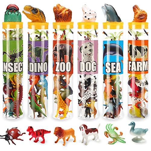 82 Piece Animal Toy, Assorted Mini Dinosaur Insect Ocean Sea Farm Jungle Animal Dog Figure, Realistic Vinyl Plastic Zoo Play Set, Small Toys for Sensory Bin Cupcake Topper Party Favors