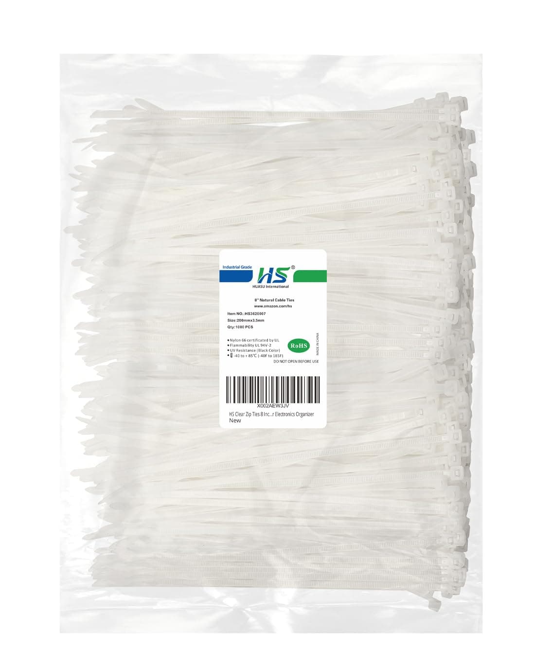 HS Clear Zip Ties 8 Inch (Bulk-1000 Pack) Nylon Cable Ties 40 Lbs Self-Locking Wire Ties for Electronics Organizer