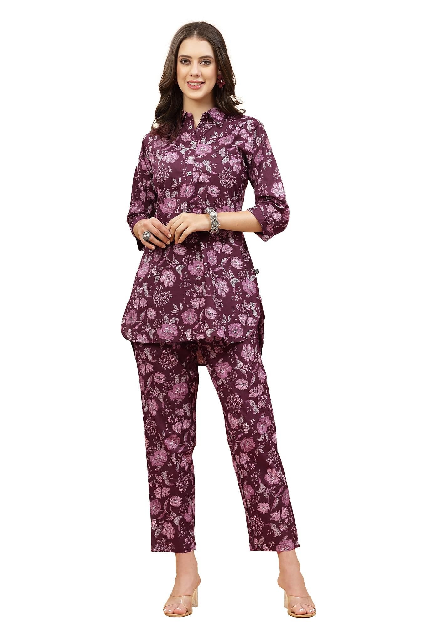 Pistaa's Women Floral Regular Pure Cotton Co-ord Set (Small, Wine)