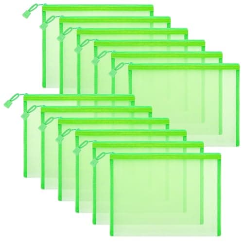 Sinzip 12 Pieces Zipper Nylon Mesh Pouch Mesh Cosmetic Bags Makeup Bags Pencil Case Multipurpose Travel Bags for Cosmetic School Office Supplies and Travel Accessories Green A5