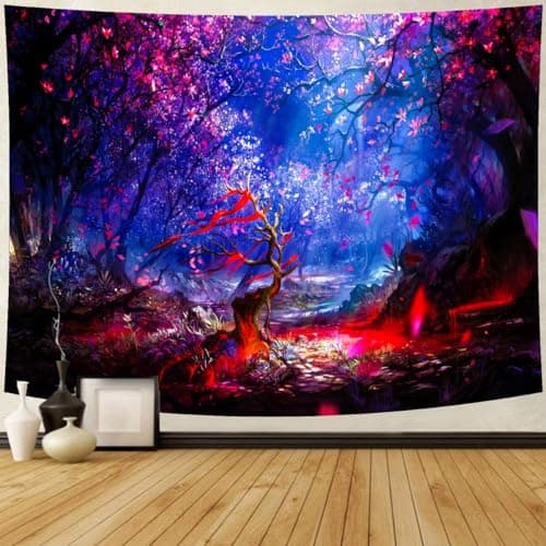 Delur Fantasy Forest Tapestry Enchanted Magical Fairy Tale Tree of Life Wall Hanging Tapestry Mystical Psychedelic Landscape Nature Headboard for Bedroom Living Room Home Decor (51.2" x 59.1")