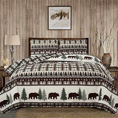 3 Piece Reversible Quilt Set with Shams | All-Season Soft & Lightweight Bedspread | Rustic Lodge Cabin Printed Plaid Design | Cedar Creek Collection (Full/Queen, Chocolate/Green)
