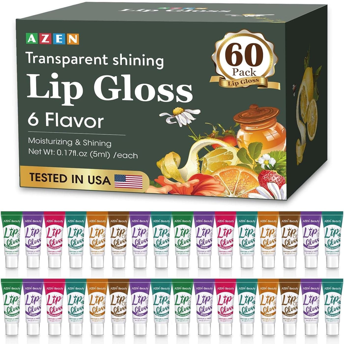 AZEN 60 Pack Lip Gloss Set Lip Oil for Dry Cracked Lips Moisturizing Hydrating Nourishing with Vitamin E Clear Lip Gloss Bulk