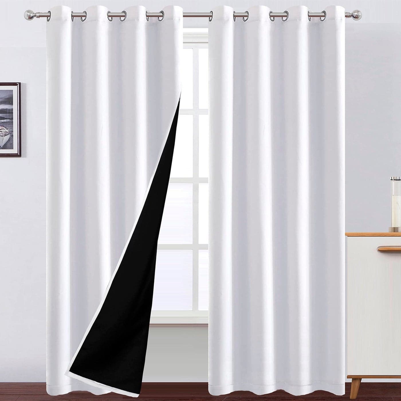LEMOMO 100 Blackout Curtains 52 x 84 Inches Long Thermal Insulated White Curtains with Black Liner Set of 2 Panels for Nursery Room
