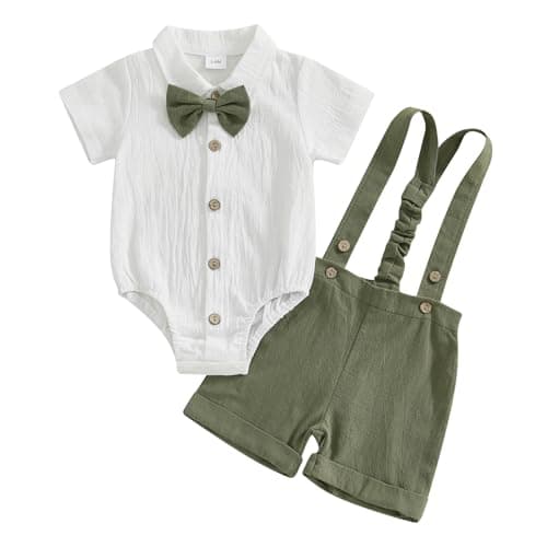 xkwyshop Summer Newborn Baby Boy Dress Clothes Short Sleeve Romper Shirt Suspender Shorts Bowtie Suit Baptism Formal Outfits Army Green 03 Months