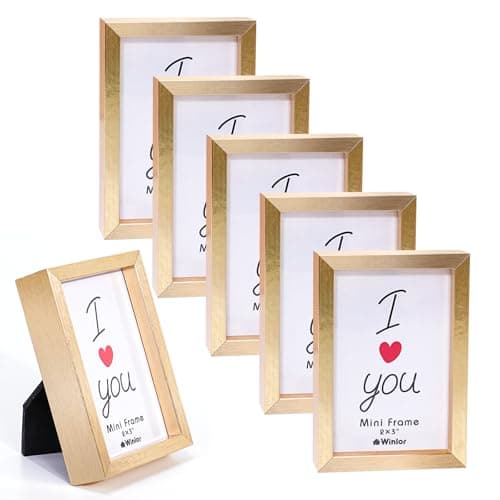 Winlor Small Picture Frames, Mini Size Baby Photo Frame, 2x3'', Set of 6, For Tabletop Home Decor, Polaroid Picture Frame with Soft Magnet, Cute X-Mas Refrigerator Magnets, Gold