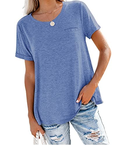 Bingerlily Women's Roll Up Short Sleeve T Shirts Summer Crew Neck Tops Loose Causal Tees with Pocket Blue