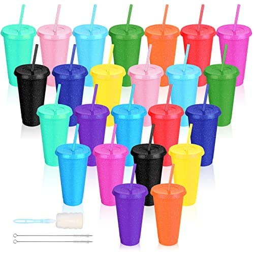 LEIFEOSH 24 Pack Plastic Tumblers with Lids and Straw Reusable Cups with Lids and Straws Colorful Cups for Cold Drink Iced Coffee Plastic Tumbler Bulk for Party Birthday Gifts 24 oz Solid Colors